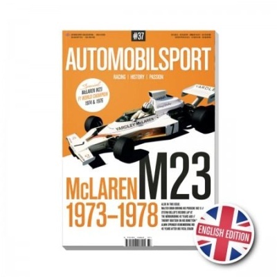 Capa da revista AUTOMOBILSPORT com carro de corrida McLaren M23 em branco, preto e laranja e texto sobre a década 1973-1978