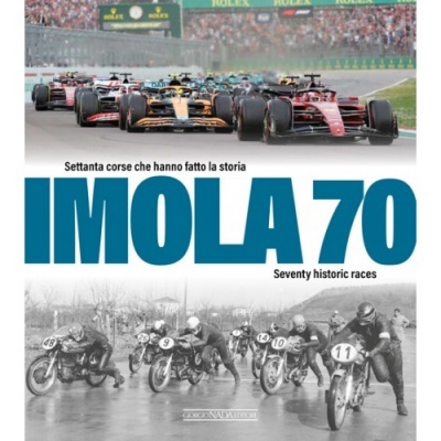 Capa com imagens de corridas modernas e antigas e texto sobre Imola 70