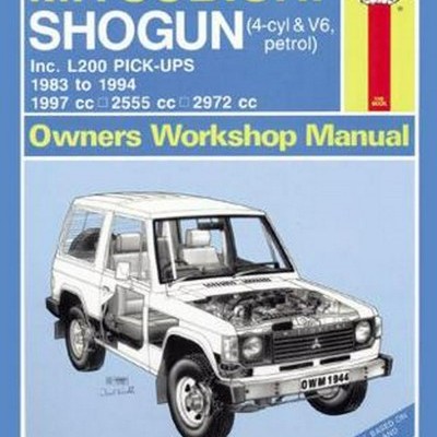 Capa de manual Haynes para Mitsubishi Shogun com ilustração de carro e texto em azul, amarelo, branco e vermelho