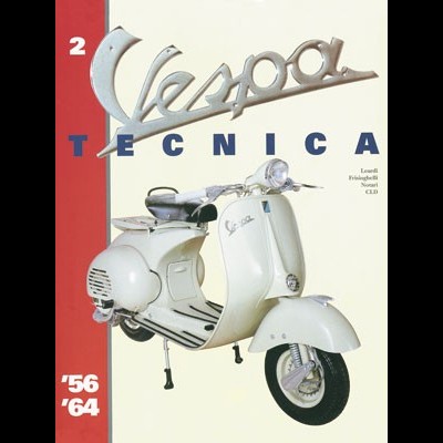 Capa de livro com mota Vespa branca e texto 'Vespa TECNICA 2 56 64'