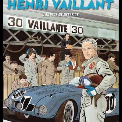 Capa de banda desenhada de corrida com piloto, carro azul e equipa na garagem