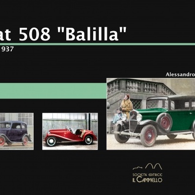 Imagens de carros Fiat 508 Balilla com texto informativo em fundo preto