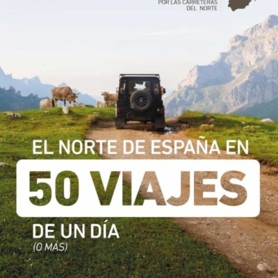 Capa de livro com jipe numa estrada em montanhas verdes e texto em espanhol sobre viagens ao norte de Espanha