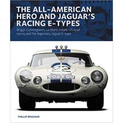 Capa de livro com carro Jaguar E-Type de corrida branco e azul e texto do título e autor
