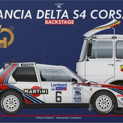 Capa de livro com carro de rali Lancia Delta S4 Corsa e camião ao lado