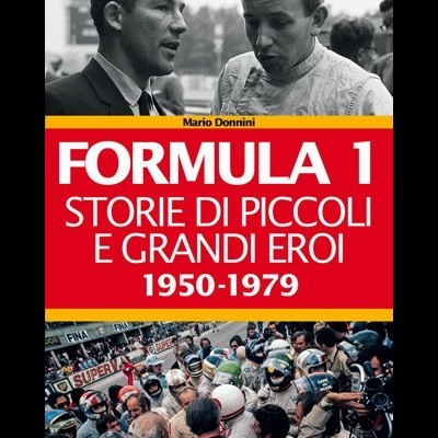 Capa de livro sobre Fórmula 1 com fotos de pilotos e público em corrida