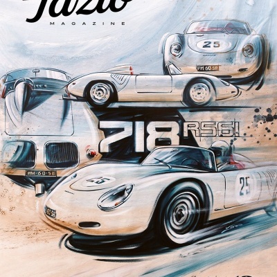 Ilustração de carros de corrida clássicos com texto da revista Tazio