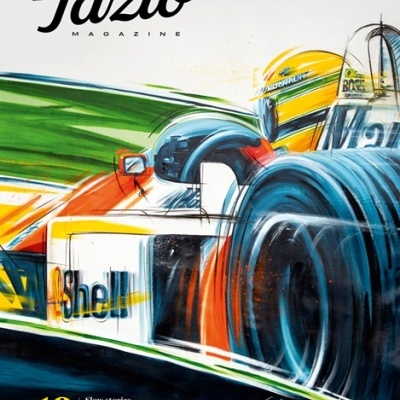 Ilustração de carro de Fórmula 1 na capa da revista Tazio Magazine