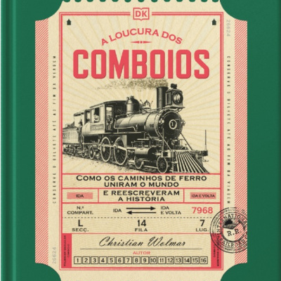 Capa de livro sobre comboios com ilustração de um comboio a vapor e estilo de bilhete de comboio