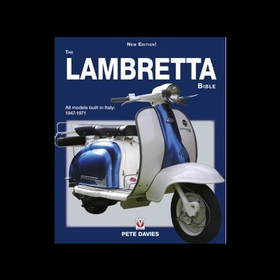 Capa de livro com scooter Lambretta azul e branca e texto sobre a Lambretta
