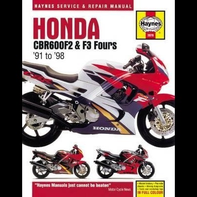 Capa de manual Haynes para Honda CBR600F2 & F3 Fours '91 a '98 com imagens de motos vermelhas e brancas