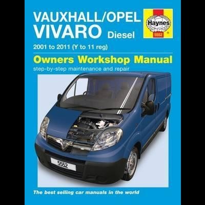 Capa de manual Haynes para Vauxhall/Opel Vivaro Diesel com carrinha azul de capô aberto.