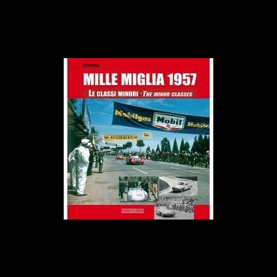 Capa de livro vermelho com imagem de corrida de carros antigos e texto Mille Miglia 1957.