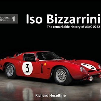 Capa de livro com um carro desportivo vermelho e texto sobre Iso Bizzarrini.