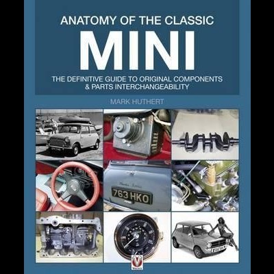 Capa de livro sobre o carro Mini clássico mostrando várias fotos do carro e peças como volante vermelho e motor.