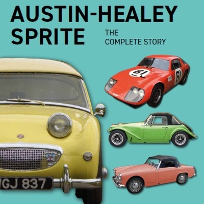 Capa de livro azul com texto e imagens de carros clássicos Austin-Healey Sprite em várias cores.