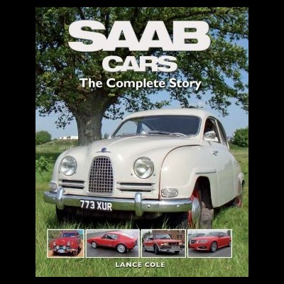 Capa de livro com carro clássico Saab creme e quatro imagens menores de carros Saab vermelhos e pretos