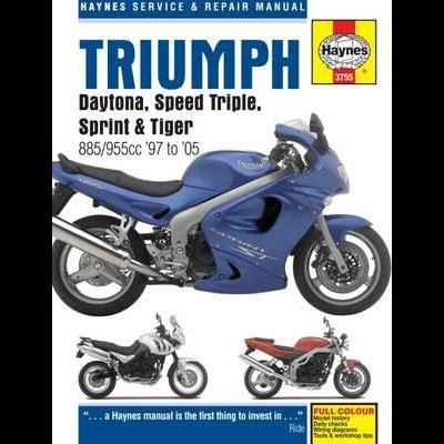 Capa do manual Haynes para motos Triumph Daytona, Speed Triple, Sprint e Tiger com imagens das motos em azul, branco e vermelho