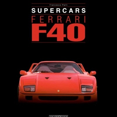 Capa preta de livro com carro desportivo vermelho Ferrari F40 e texto promocional.