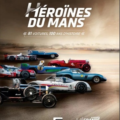 Cartaz com carros de corrida clássicos e texto em Francês sobre corrida Le Mans.