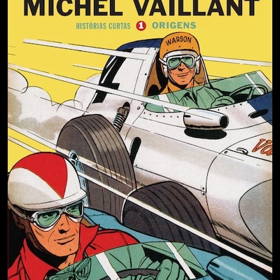 Capa de livro com dois pilotos em carros de corrida clássicos e título Michel Vaillant