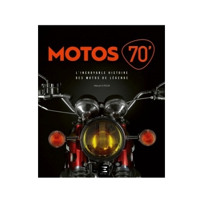 Livro Motos 70 com fotografia de mota vermelha e texto em laranja e branco