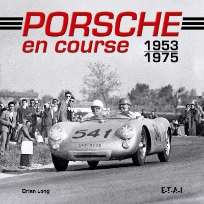 Capa de livro Porsche em corrida com carro de corrida vintage e texto em vermelho e preto
