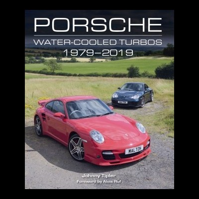 Capa de livro com dois carros Porsche em estrada rural e texto sobre Porsche Water-Cooled Turbos.