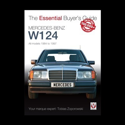 Capa de guia de compra para Mercedes-Benz W124 com imagem frontal do carro cinza e texto