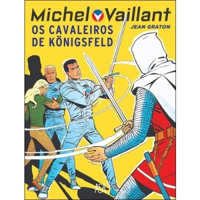 Capa de banda desenhada com quatro personagens, incluindo um cavaleiro com armadura e espada, fundo amarelo com texto em azul e preto.