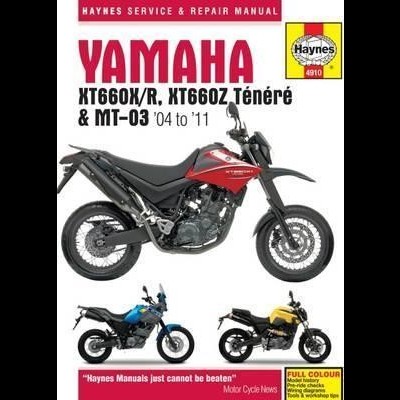 Capa do manual Haynes para motocicletas Yamaha XT660 e MT-03 com imagens de motos em vermelho, azul e amarelo