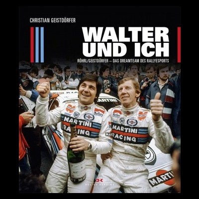 Livro sobre pilotos de rally com a capa mostrando dois homens em macacões Martini Racing segurando champanhe