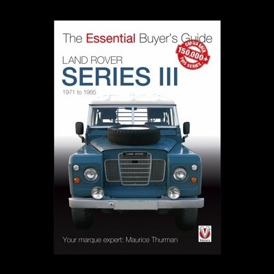 Capa do livro 'The Essential Buyer's Guide LAND ROVER SERIES III 1971 to 1985' com imagem frontal de um Land Rover azul.