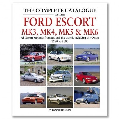 Capa de livro branco com título e nove imagens de carros Ford Escort.