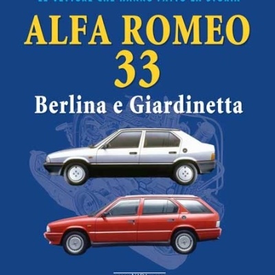 Capa de livro Alfa Romeo 33 com imagens de carros berlina e giardinetta