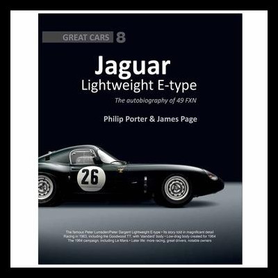 Capa de livro com Jaguar Lightweight E-type preto e número 26