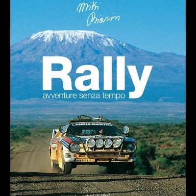 Capa de livro 'Rally avventure senza tempo' com carro de rali Lancia Master e montanha nevada ao fundo