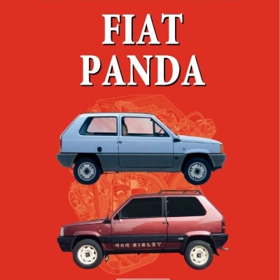 Capa de livro vermelha com duas imagens laterais de carros Fiat Panda azul e vermelho e texto em italiano.