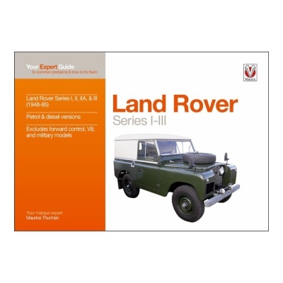 Guia de reparação Land Rover Series I-III com capa laranja e branca e fotografia de um Land Rover verde