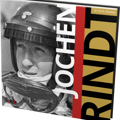 Capa de livro com fotografia a preto e branco de homem com capacete e óculos, texto JOCHEN RINDT