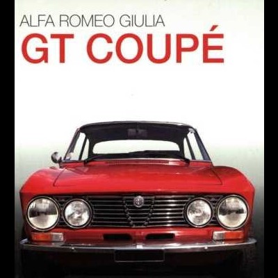 Capa de livro com carro Alfa Romeo Giulia GT Coupé vermelho e texto em preto e vermelho