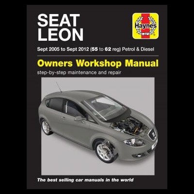 Capa de manual de oficina Haynes para SEAT LEON com imagem do carro e texto informativo