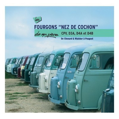 Fila de carrinhas clássicas francesas em vários tons pastel com texto em francês no topo.