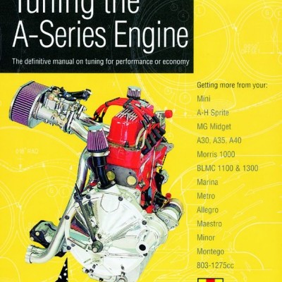 Capa de livro sobre motor A-Series com motor ilustrado e texto explicativo