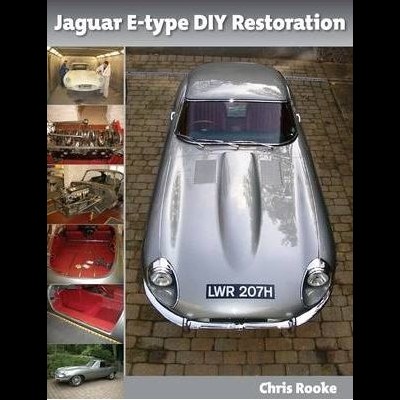 Carro clássico Jaguar E-type prateado com imagens de restauração e texto de título