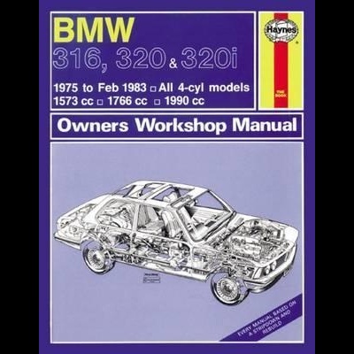 Capa roxa do manual Owners Workshop Manual da Haynes para BMW 316, 320 & 320i, com desenho técnico do carro em branco.