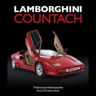 Lamborghini Countach vermelho com portas abertas em fundo preto com texto