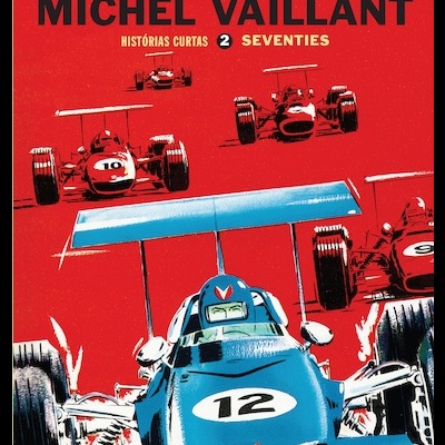 Capa de banda desenhada com carros de corrida vintage e texto em português.