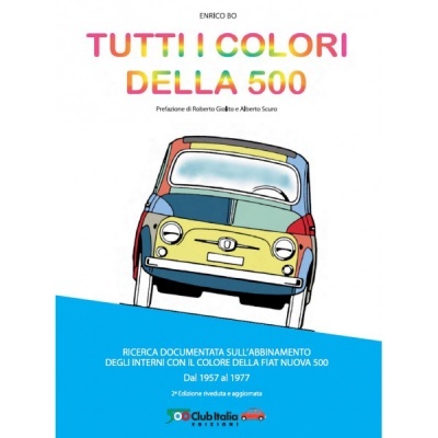 Capa de livro com ilustração de um carro Fiat 500 colorido e texto colorido
