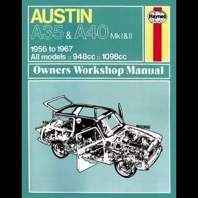Capa de manual técnico Haynes Austin A35 & A40 MkI & II com ilustração técnica de carro